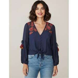 Chloe Oliver Top Wmns Small Embroidered Blouson Tassel Sleeve Lined Boho Blouse